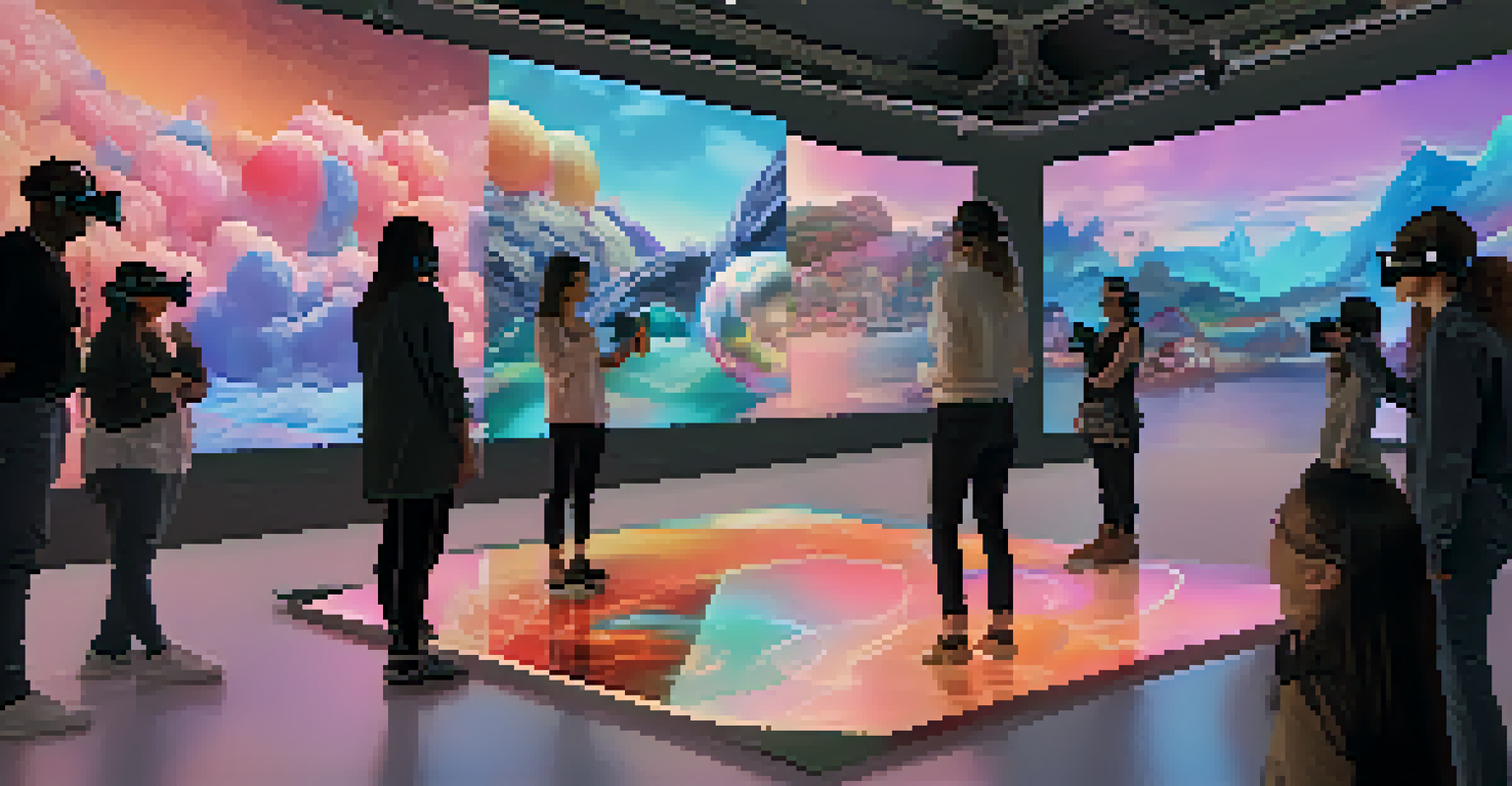 A virtual reality gallery where users interact with 3D NFTs, surrounded by floating digital artworks and immersive technology.