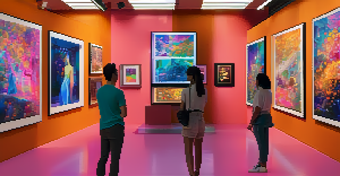A digital art gallery with visitors admiring NFTs displayed on screens, surrounded by colorful abstract designs and warm lighting.