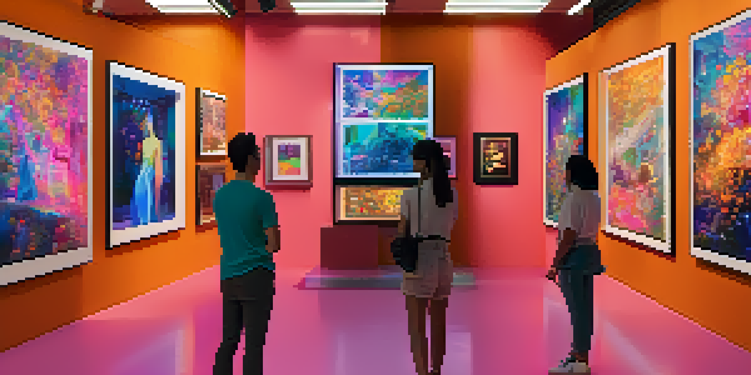 A digital art gallery with visitors admiring NFTs displayed on screens, surrounded by colorful abstract designs and warm lighting.
