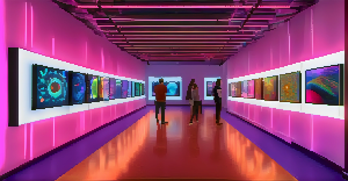 A digital art gallery filled with colorful NFT artworks on futuristic screens, with visitors interacting in a softly lit space.