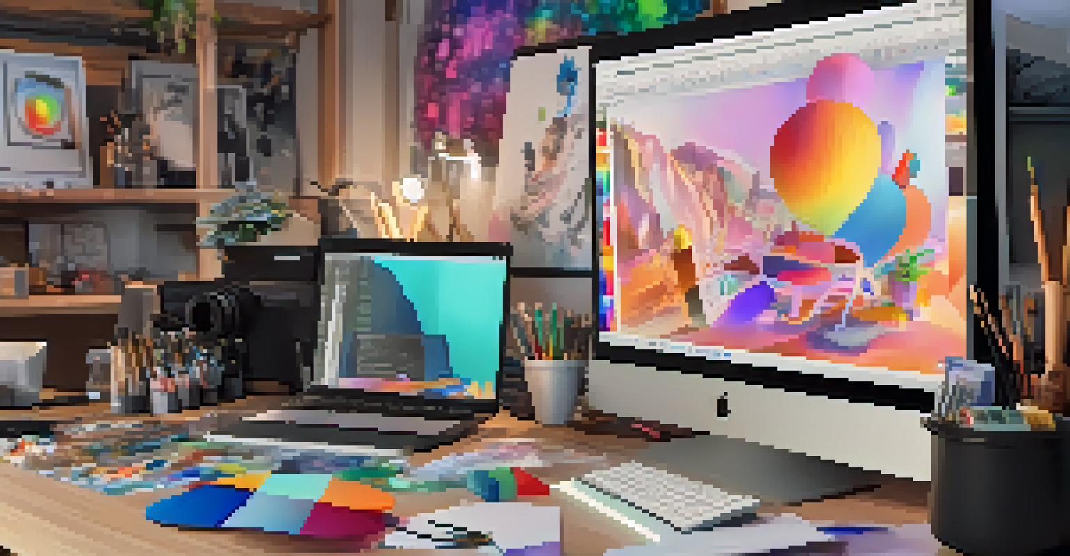 An artist's workspace with digital tools and a computer showing an NFT design, surrounded by colorful sketches and art supplies.