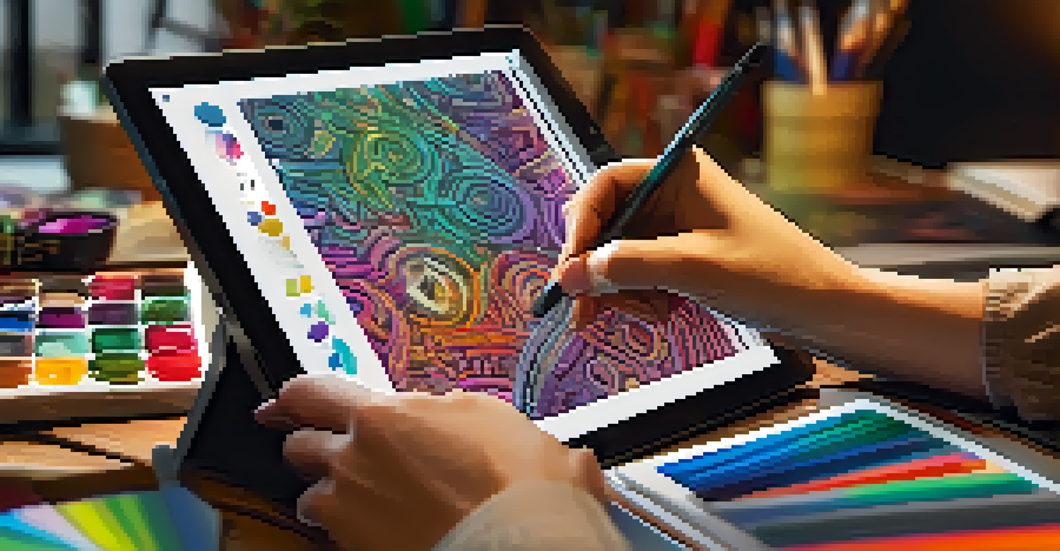 An artist creating NFT artwork on a digital tablet in a bright and inviting workspace.