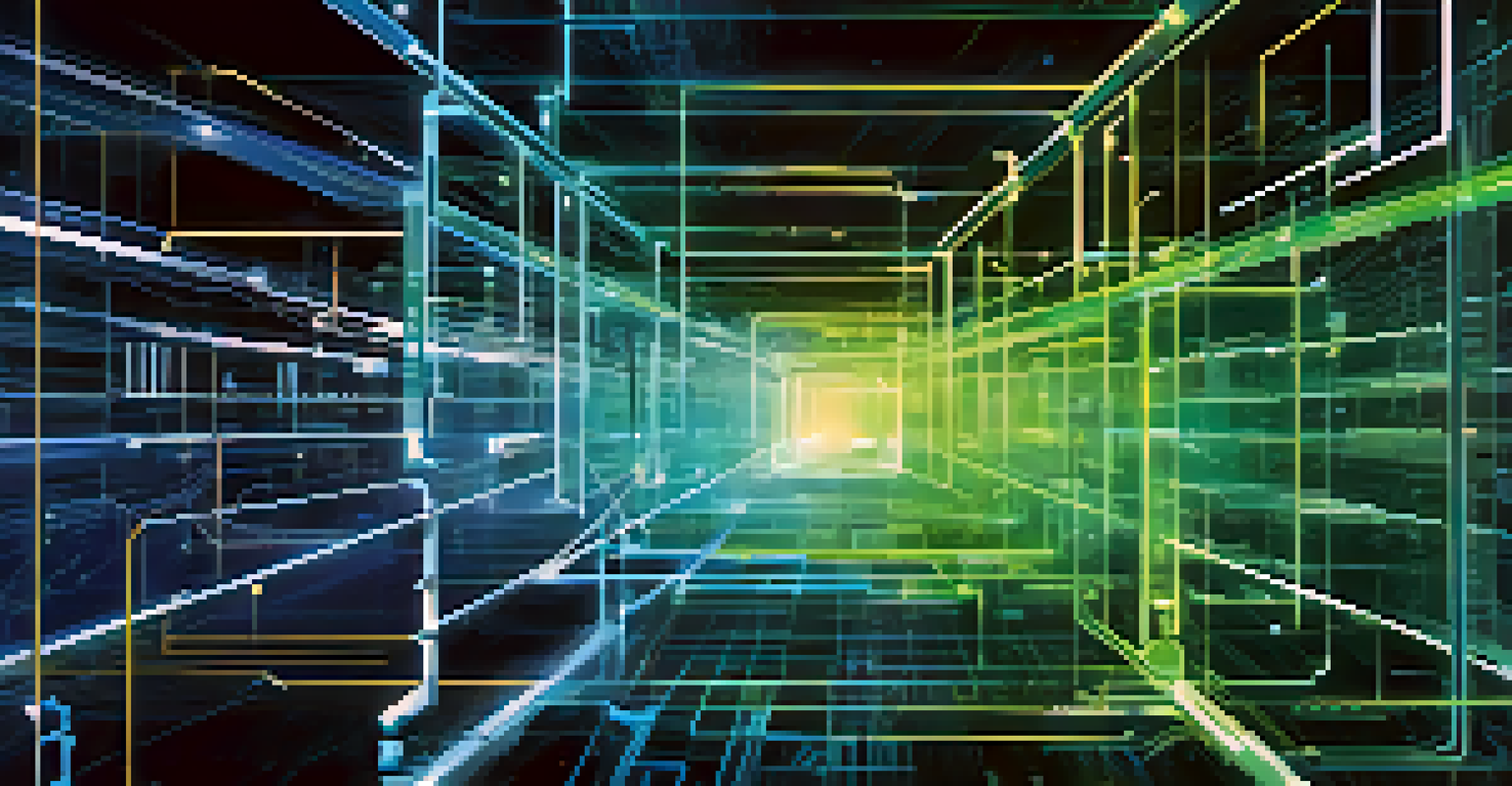 An abstract image depicting blockchain technology with interconnected blocks of data in blue and green, representing smart contracts and security.