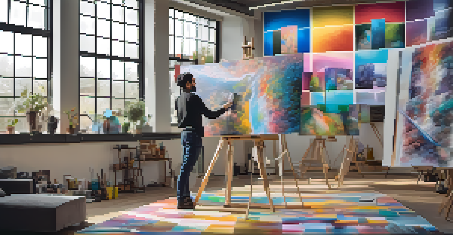 An artist in a contemporary studio creating NFTs, surrounded by digital screens that showcase their artwork, illuminated by natural light.
