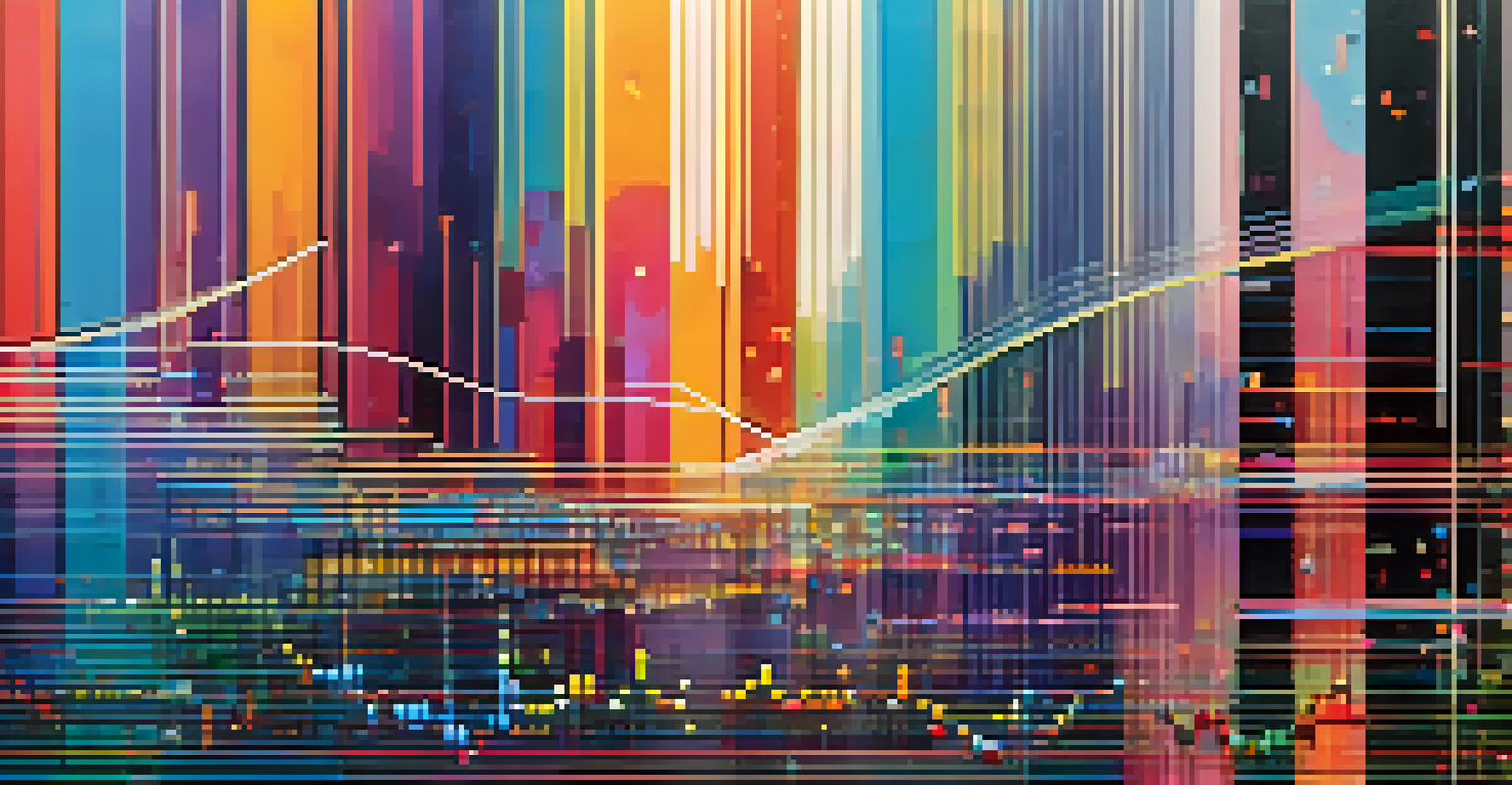 An abstract graph illustrating market volatility with colorful lines and bars, set against a digital-themed background.