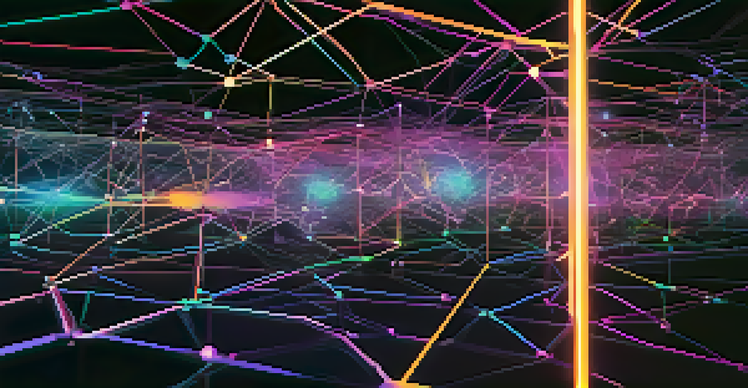 A digital representation of a blockchain network with glowing nodes and interconnected lines against a dark background.