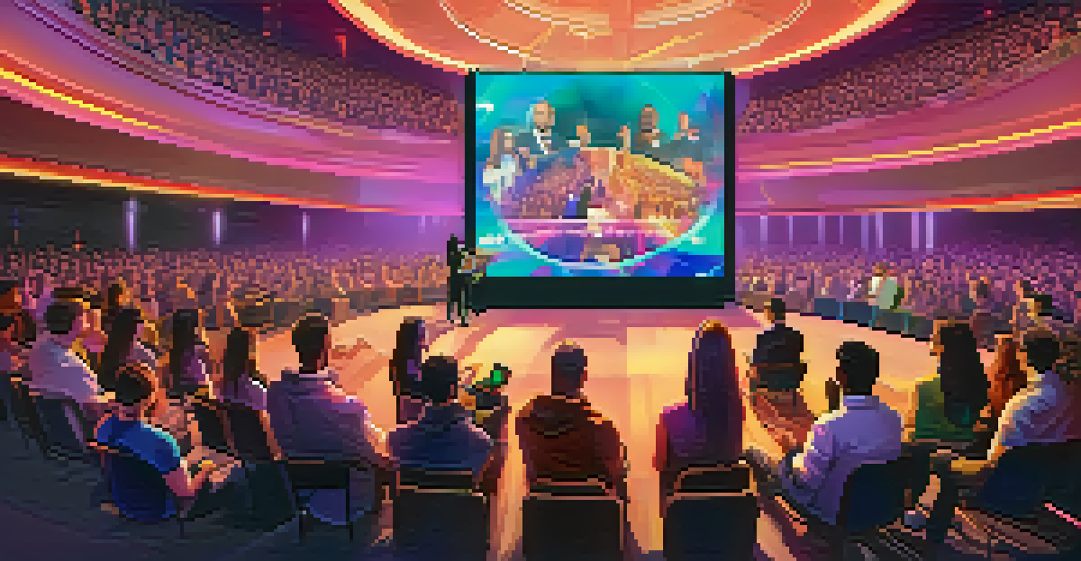 A virtual NFT auction event with users participating and a digital stage displaying NFTs for bidding.