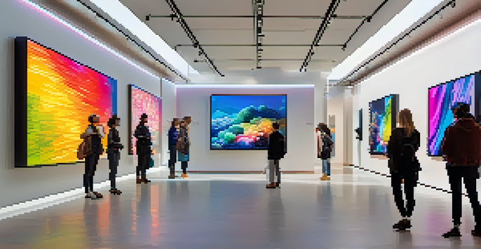 A virtual gallery showcasing colorful digital art with visitors using VR headsets and devices in a softly lit environment.
