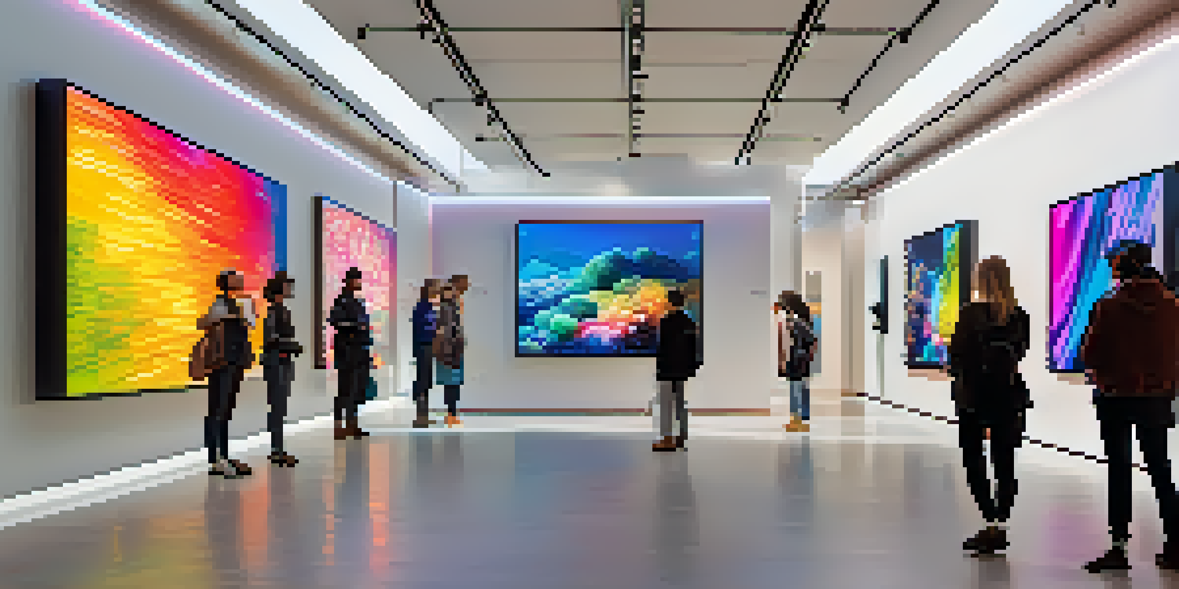 A virtual gallery showcasing colorful digital art with visitors using VR headsets and devices in a softly lit environment.