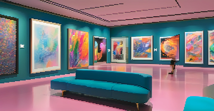 A digital art gallery filled with colorful NFTs displayed on screens, with people admiring the artwork in a modern setting.