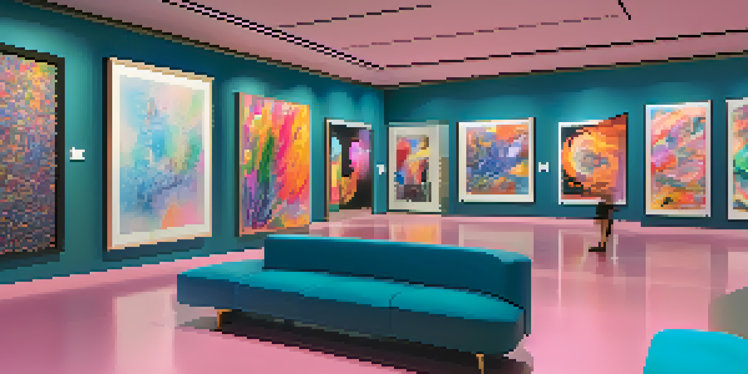 A digital art gallery filled with colorful NFTs displayed on screens, with people admiring the artwork in a modern setting.