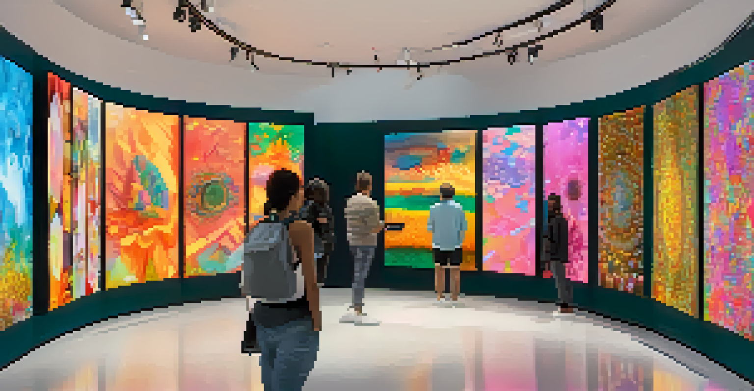 A digital art gallery displaying various NFTs on screens, illuminated by ambient lighting.