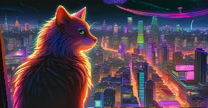 A colorful animated character stands on a rooftop in a futuristic city, illuminated by neon lights under a starry sky.