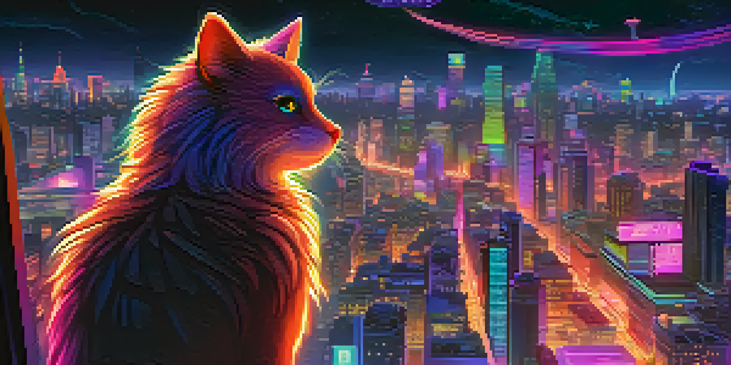 A colorful animated character stands on a rooftop in a futuristic city, illuminated by neon lights under a starry sky.