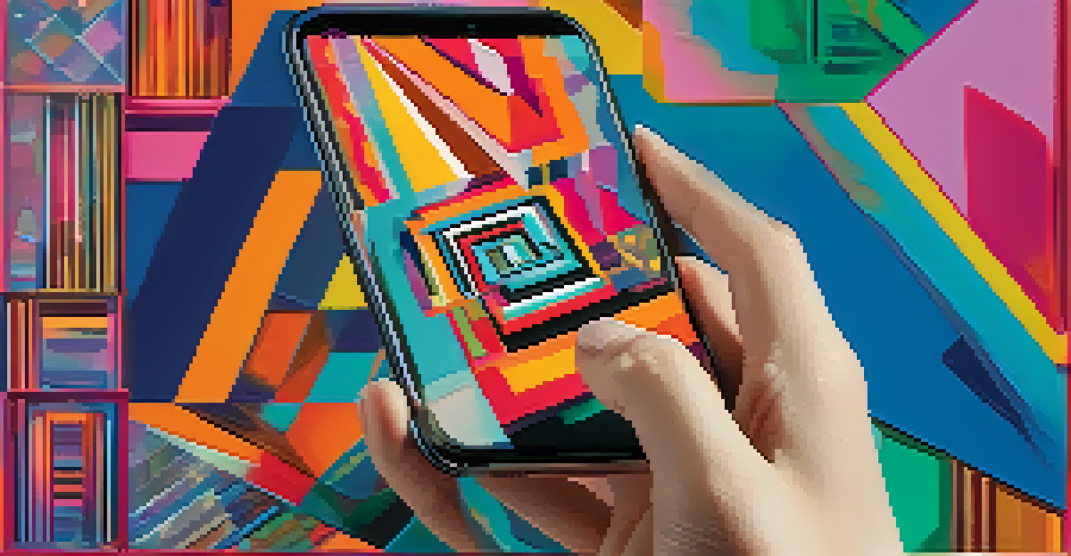 A close-up of a hand holding a smartphone showing an NFT art piece, with an abstract digital art background.