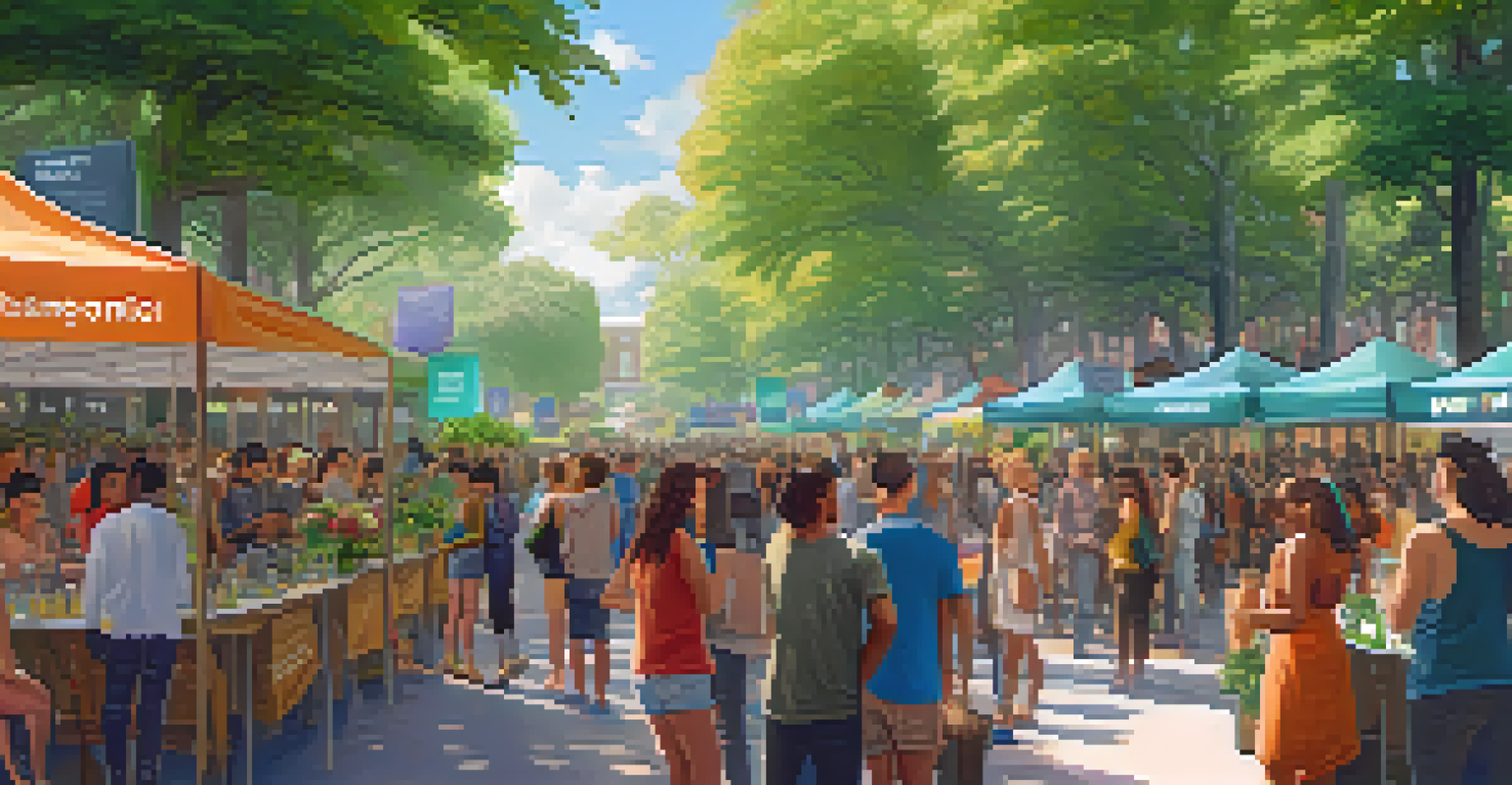 An outdoor event promoting NFTs for social justice, with people engaged around booths displaying digital art and a vibrant atmosphere.