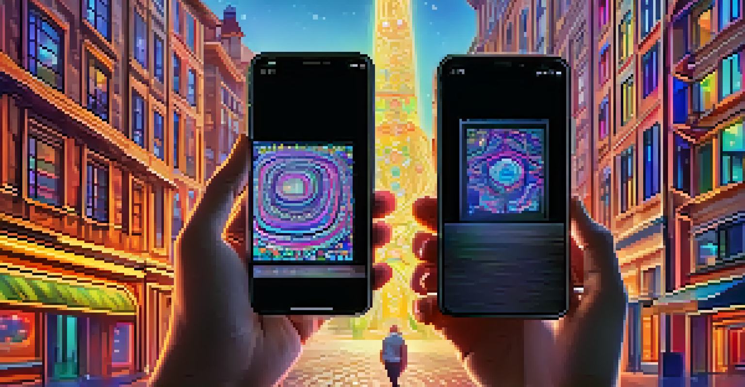 A close-up of a smartphone displaying a unique NFT artwork, with a blurred digital art gallery in the background.