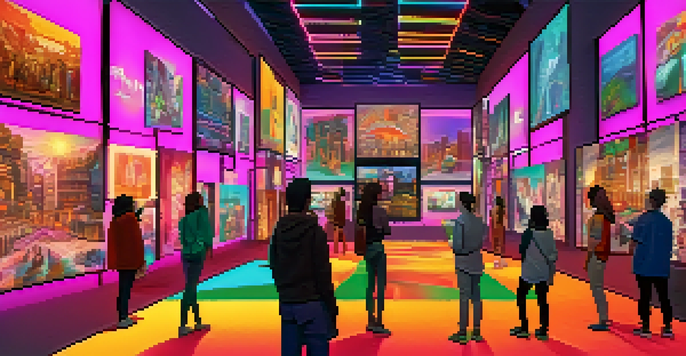 A futuristic digital art gallery filled with colorful NFT displays and diverse avatars interacting in a neon-lit environment.