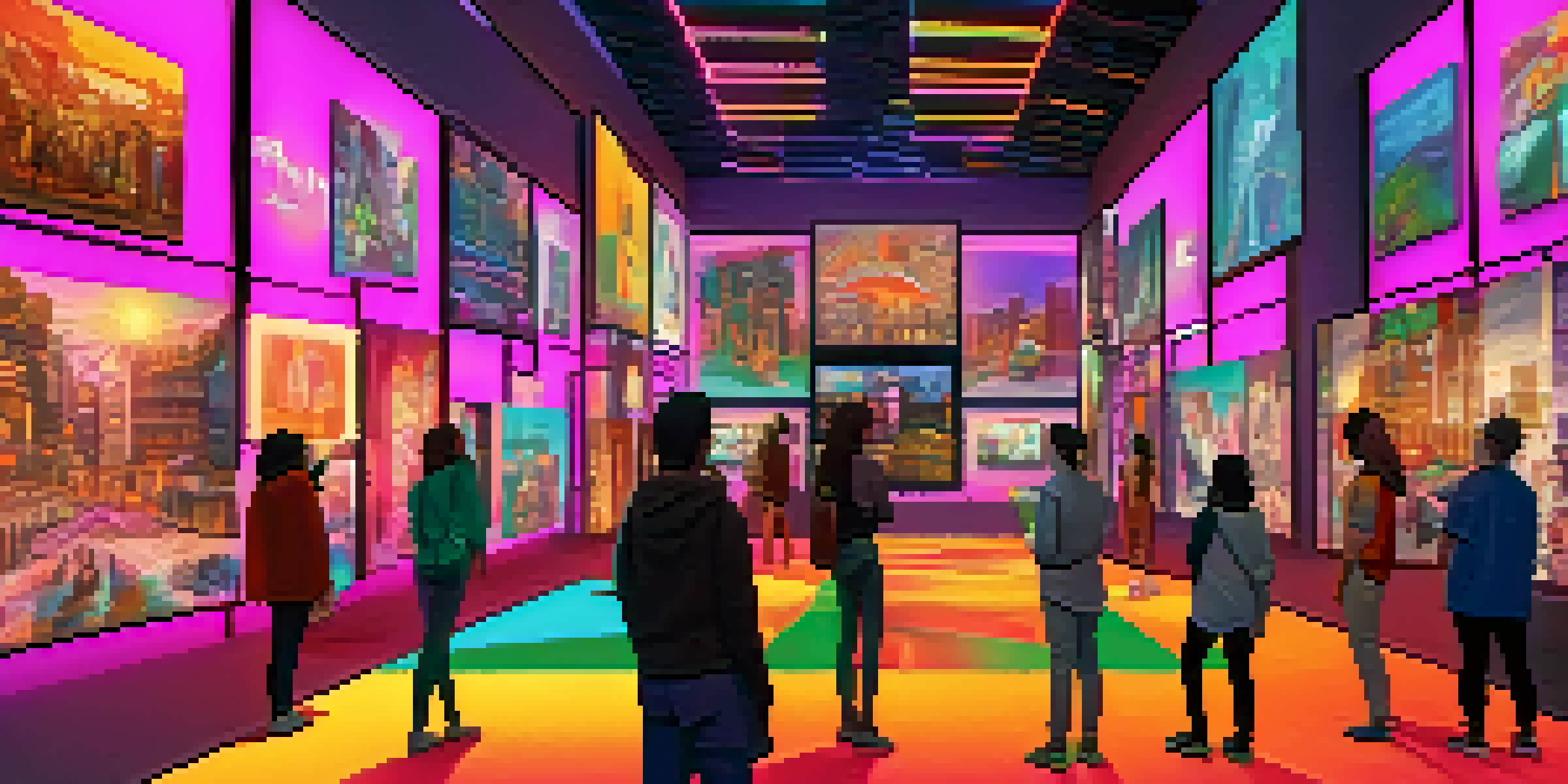 A futuristic digital art gallery filled with colorful NFT displays and diverse avatars interacting in a neon-lit environment.