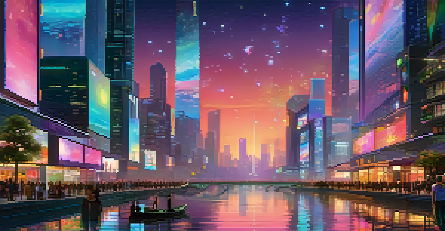 A futuristic city at night with digital art on skyscrapers and people exploring NFTs.