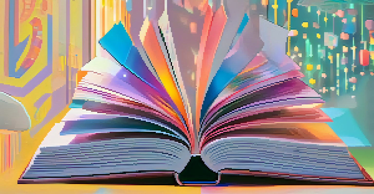 An artistic depiction of a glowing digital NFT book surrounded by colorful animated visuals representing creativity.