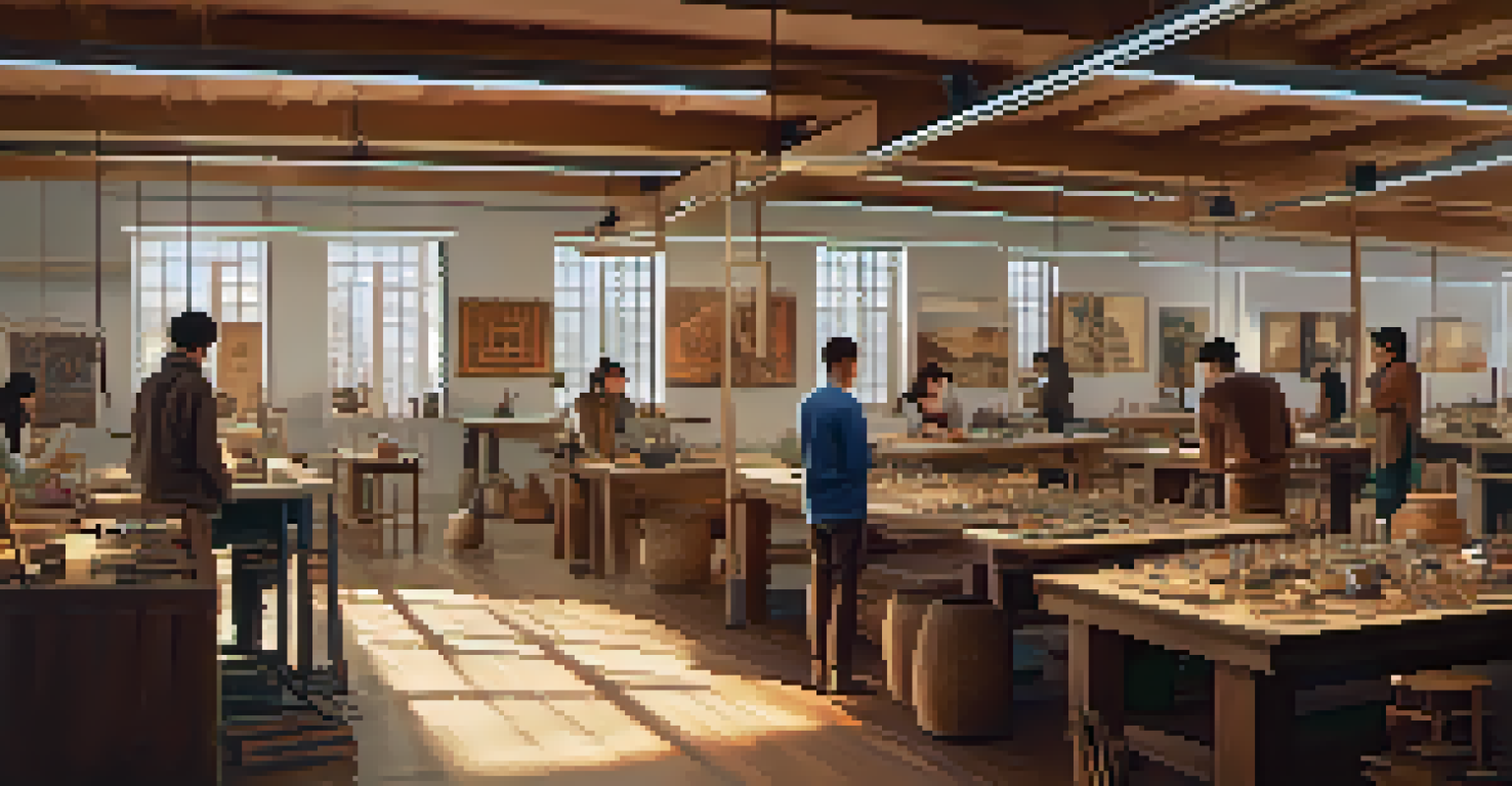 A workshop scene where people are creating NFTs from traditional cultural artifacts, merging modern technology with artistry.