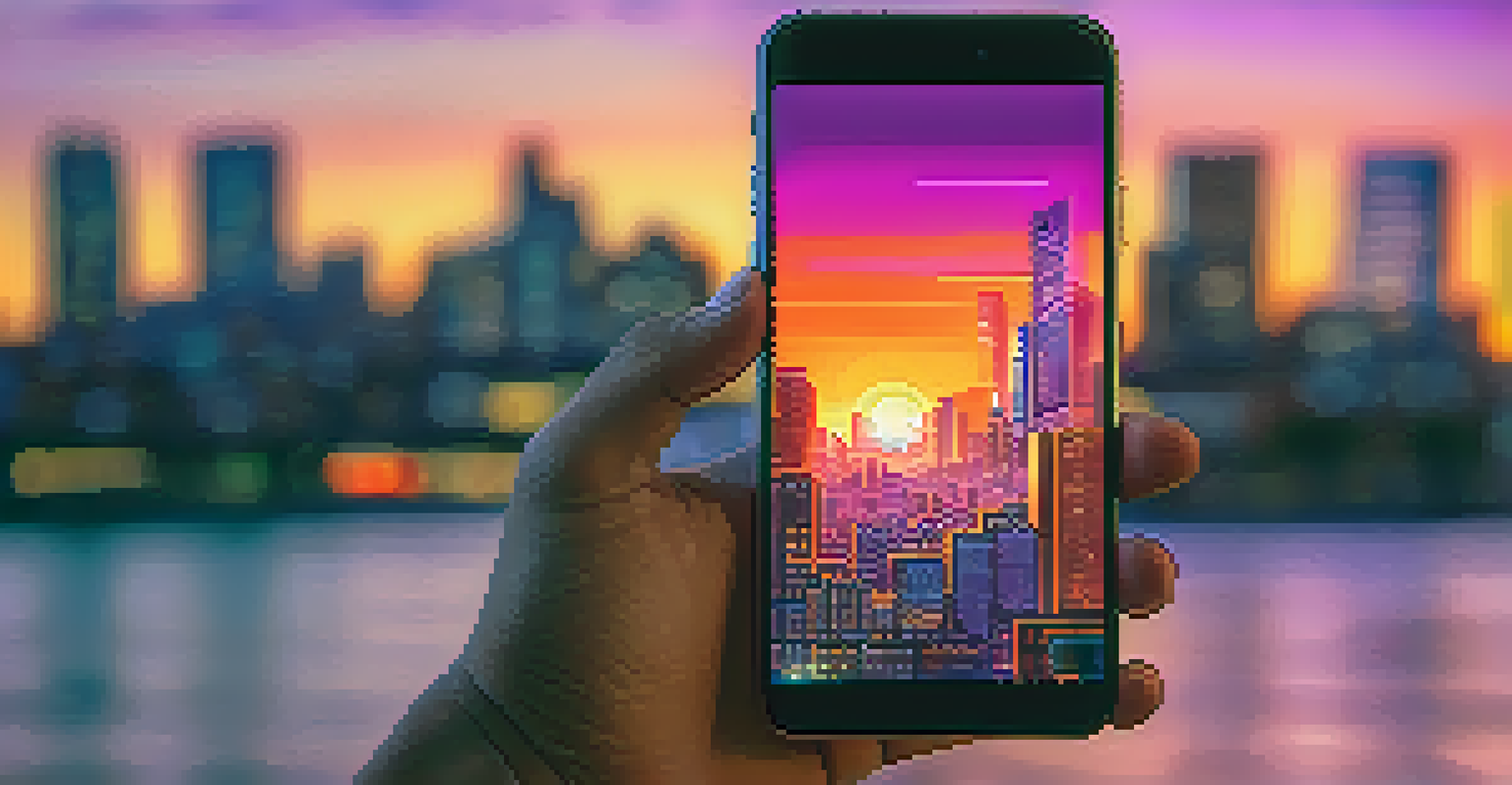 A close-up of a hand holding a smartphone with a colorful NFT artwork on the screen, set against a blurred sunset cityscape.