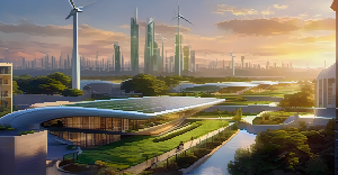 A futuristic cityscape with renewable energy sources like solar panels and wind turbines, surrounded by greenery during sunset.