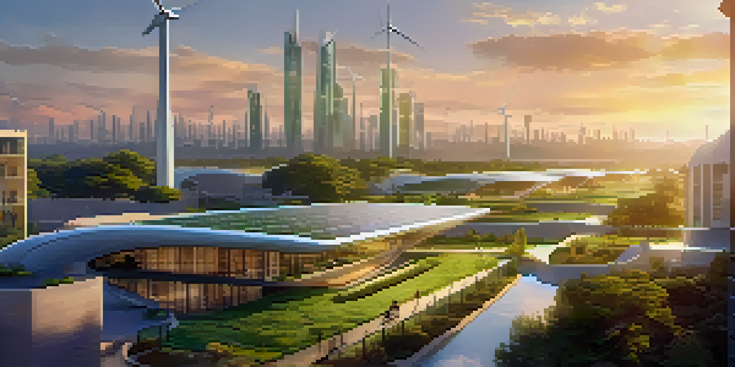 A futuristic cityscape with renewable energy sources like solar panels and wind turbines, surrounded by greenery during sunset.