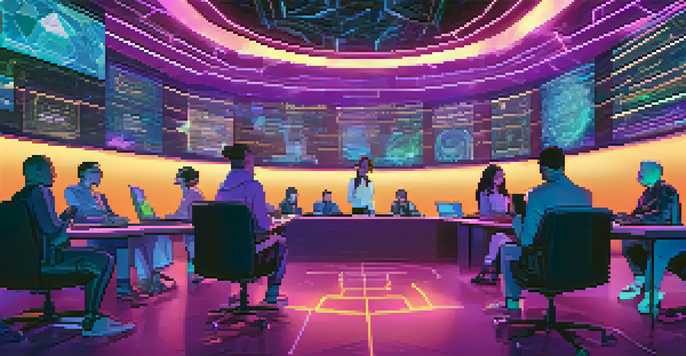 A digital landscape with avatars in a virtual meeting, surrounded by holographic screens displaying voting options and NFT art.