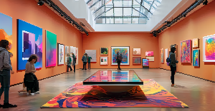 A lively digital art gallery filled with various vibrant NFT artworks displayed on screens, with visitors admiring the pieces under soft lighting.