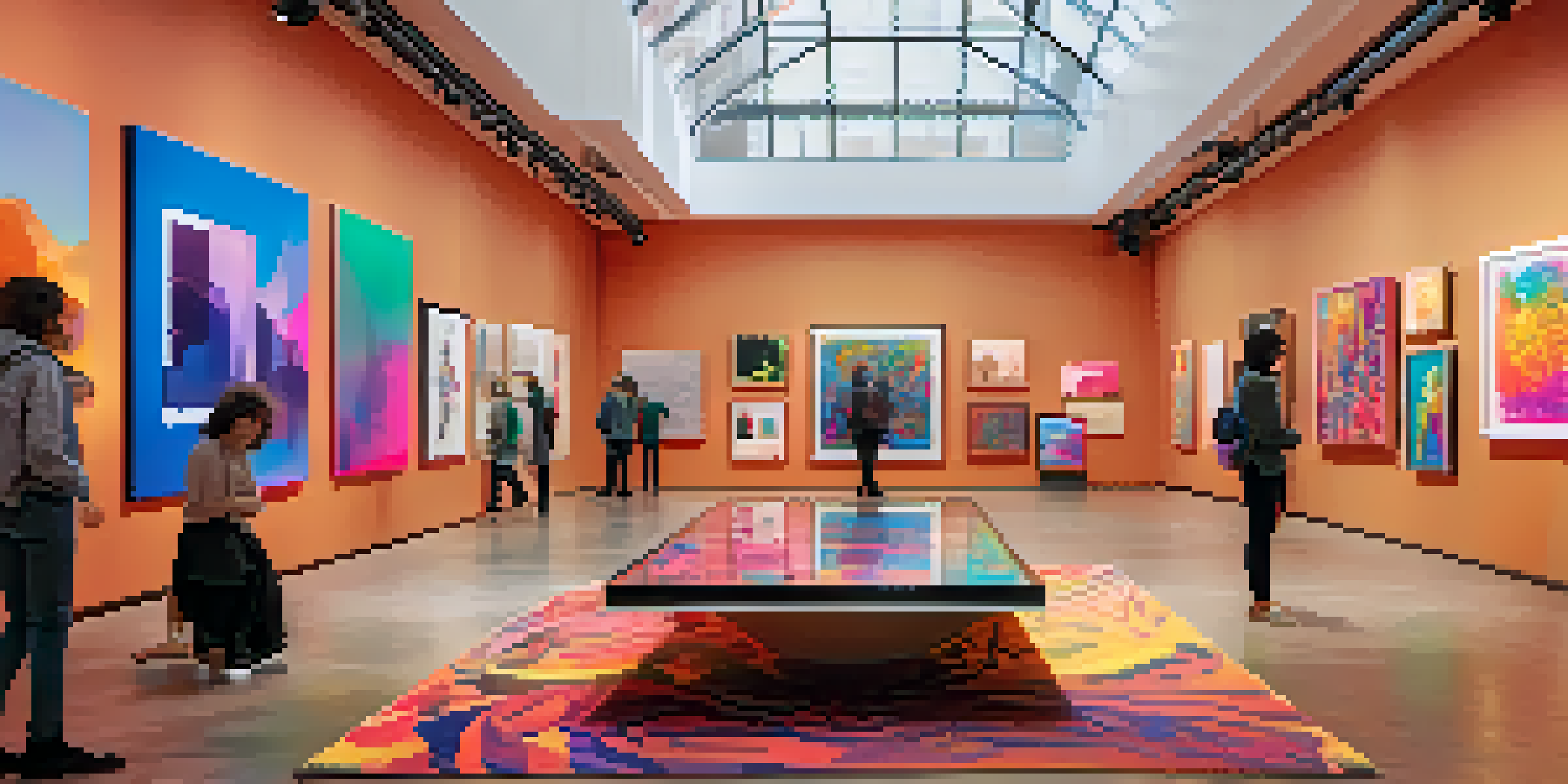 A lively digital art gallery filled with various vibrant NFT artworks displayed on screens, with visitors admiring the pieces under soft lighting.