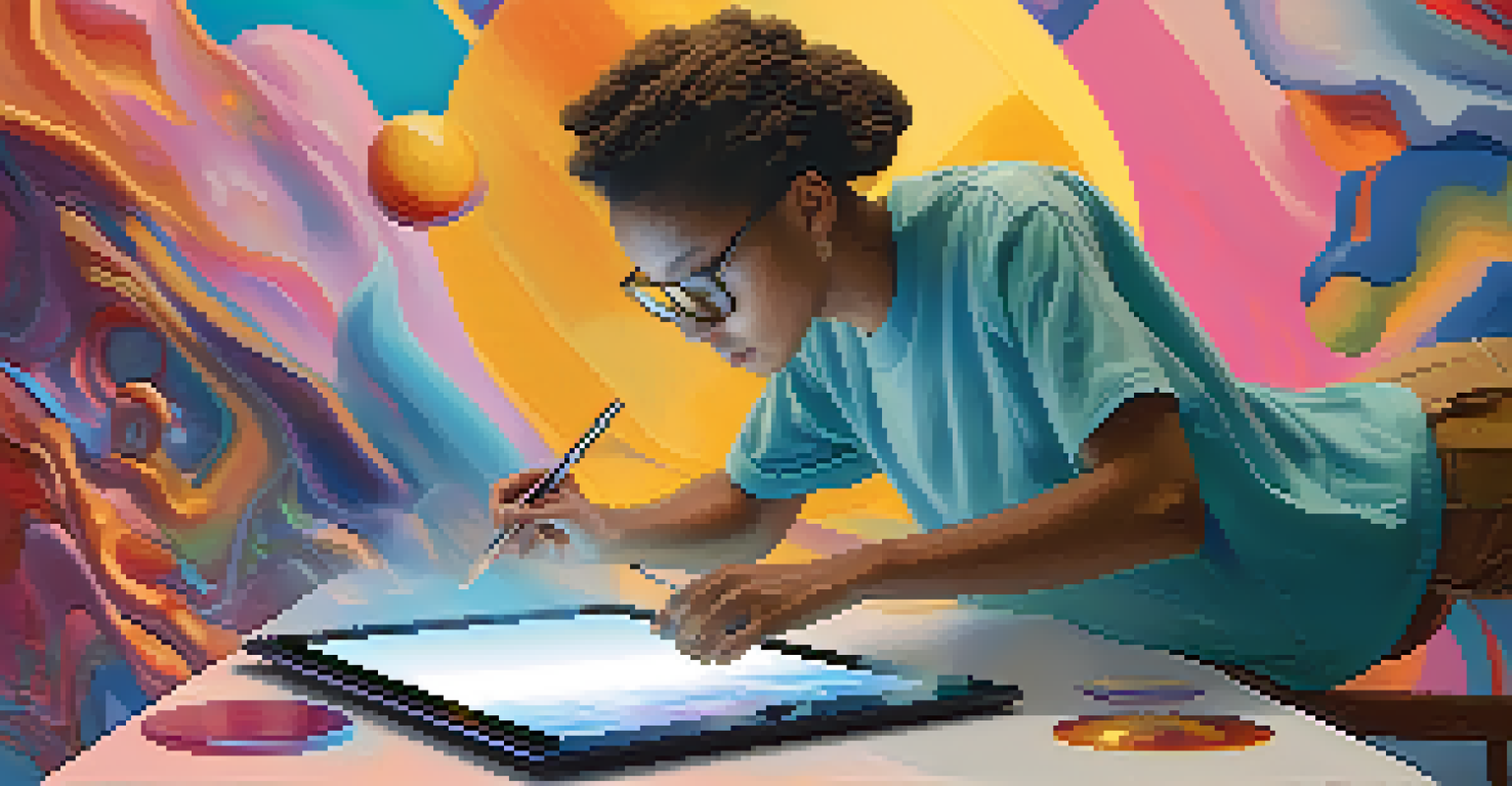 An artist using a tablet to create digital art, surrounded by floating NFTs in a colorful abstract environment.