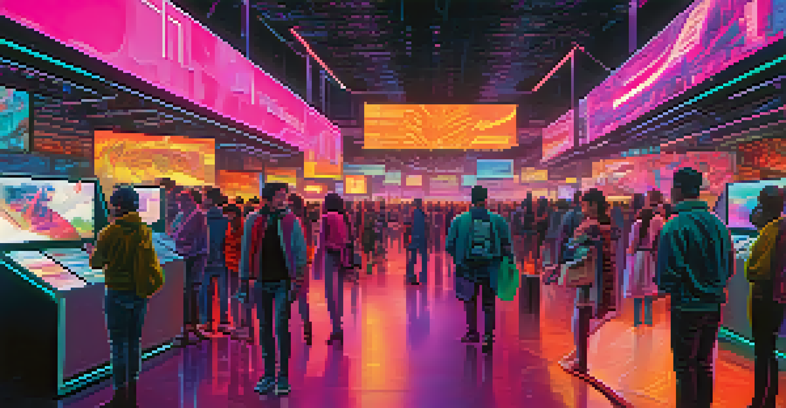 A busy NFT marketplace with diverse individuals exchanging digital artworks in a vibrant, cyberpunk setting.
