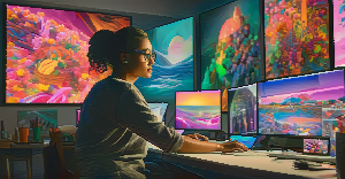 A digital artist in a studio with colorful NFT artworks on screens, focused on her computer.