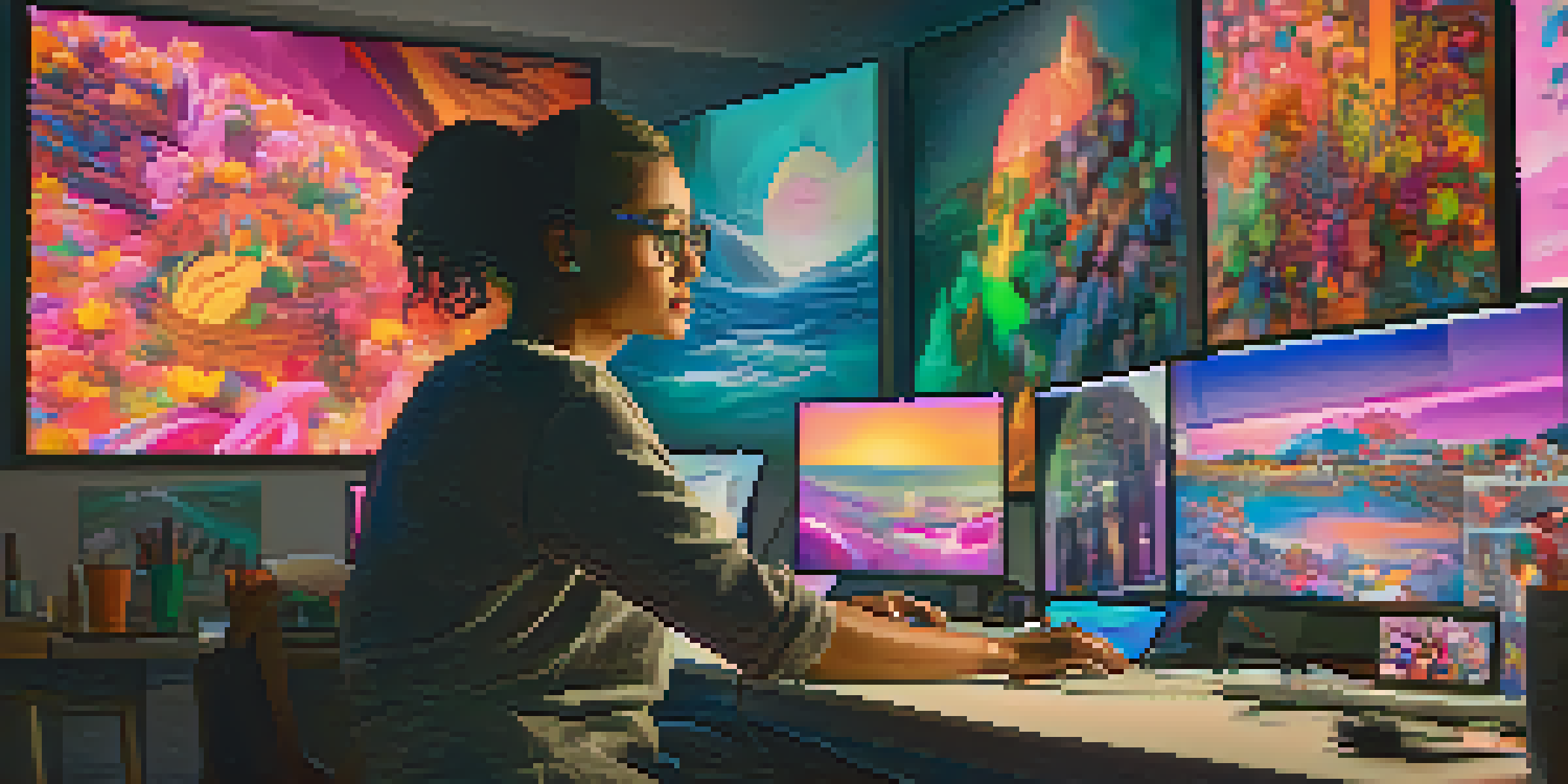 A digital artist in a studio with colorful NFT artworks on screens, focused on her computer.