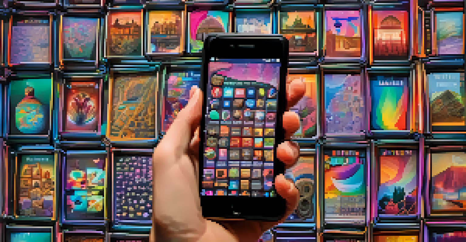 A close-up of hands holding a smartphone displaying colorful NFTs, with a blurred social media background.
