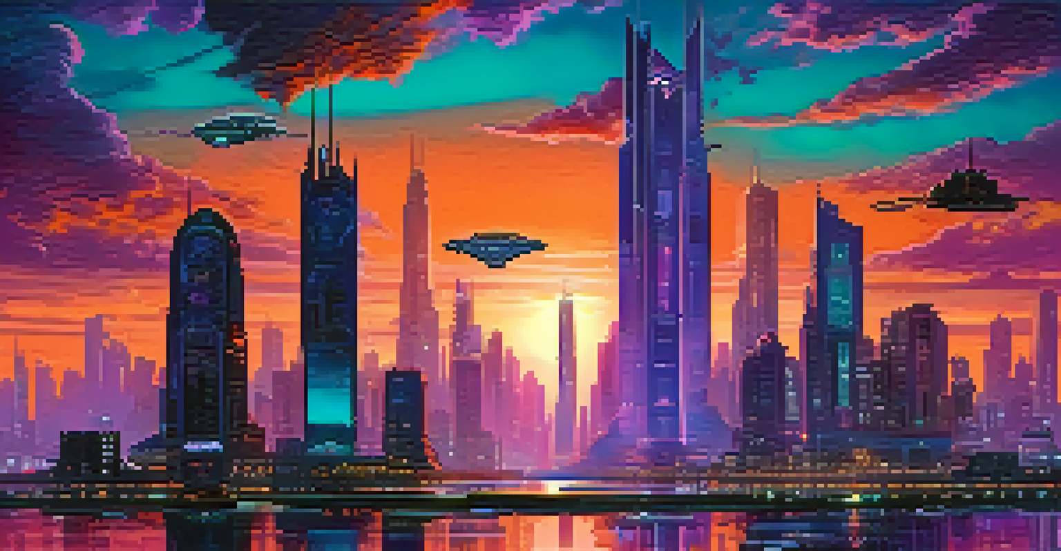 A futuristic city skyline at dusk with neon lights and flying vehicles.