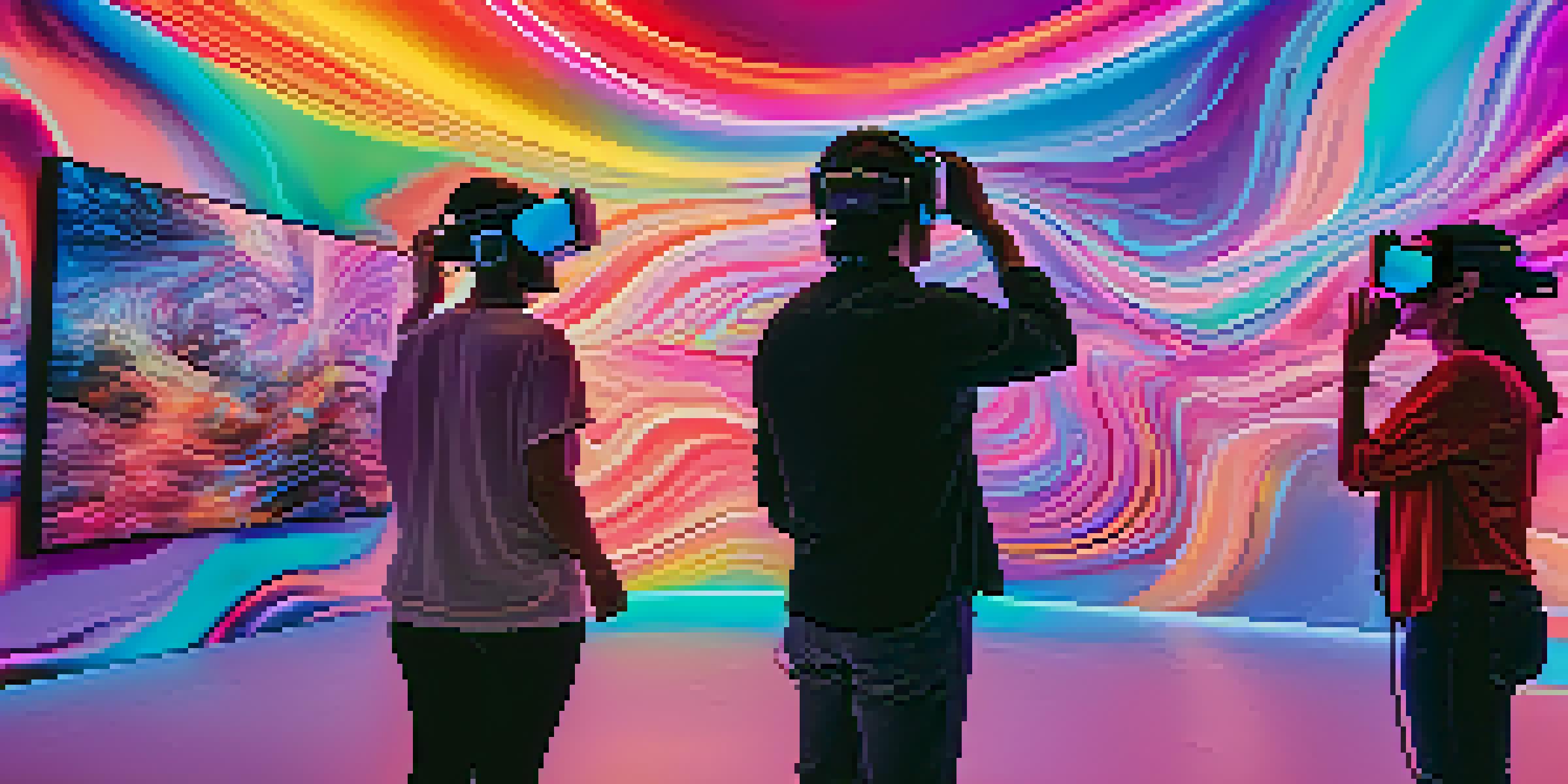 A virtual reality art gallery filled with colorful digital artworks and visitors wearing VR headsets, engaging with the art.