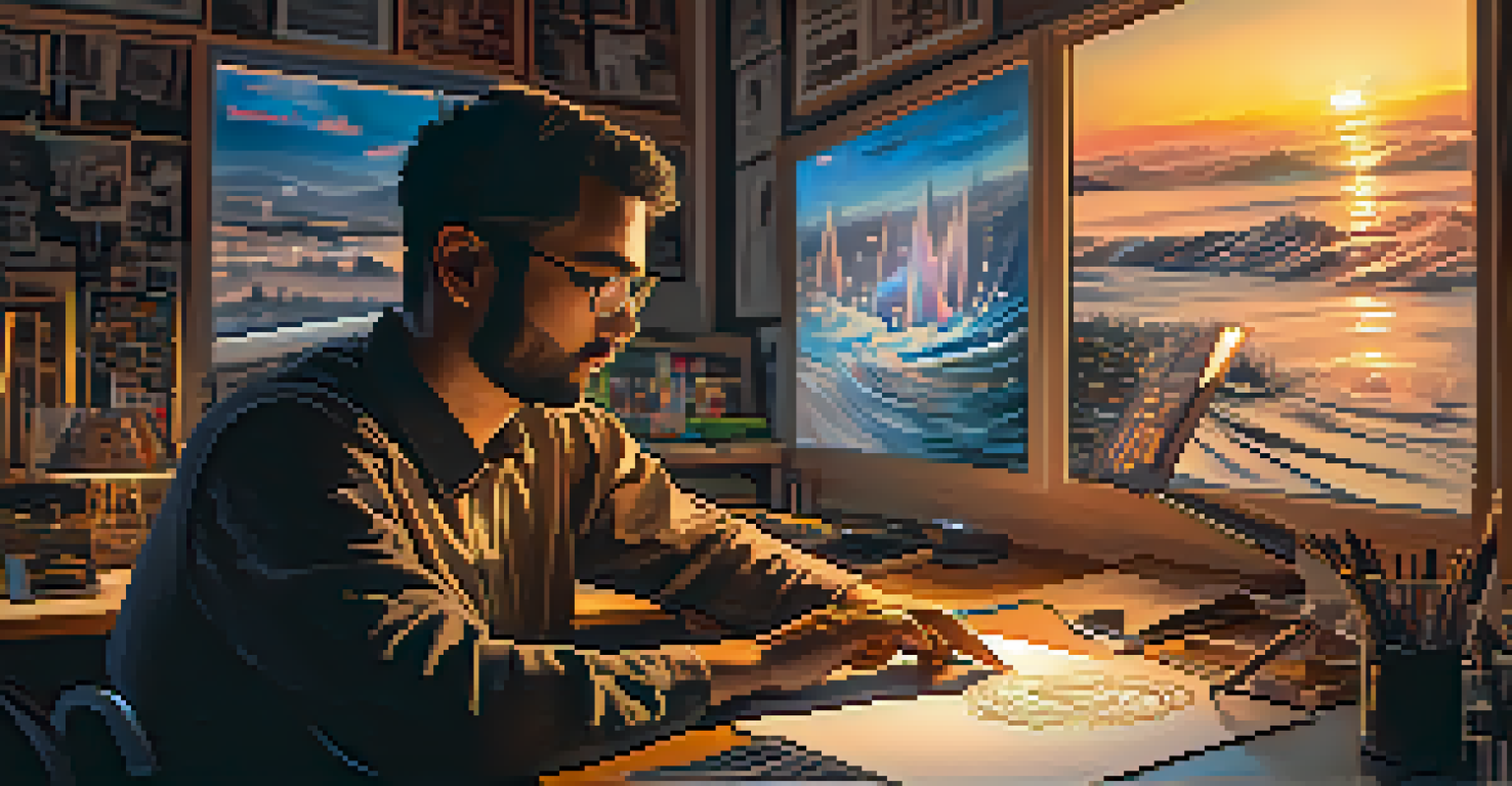 An artist coding a smart contract on a computer in a warm, cozy room filled with sketches, with a sunset visible through a large window.