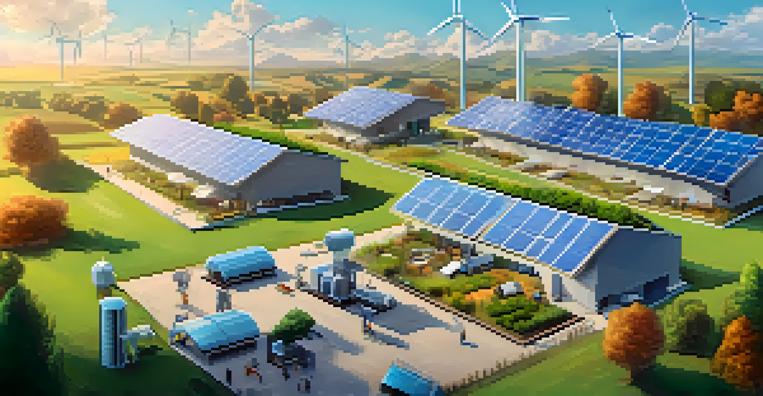 A sustainable blockchain farm with solar panels and wind turbines, featuring creators working on eco-friendly NFT projects in a bright and clean environment.