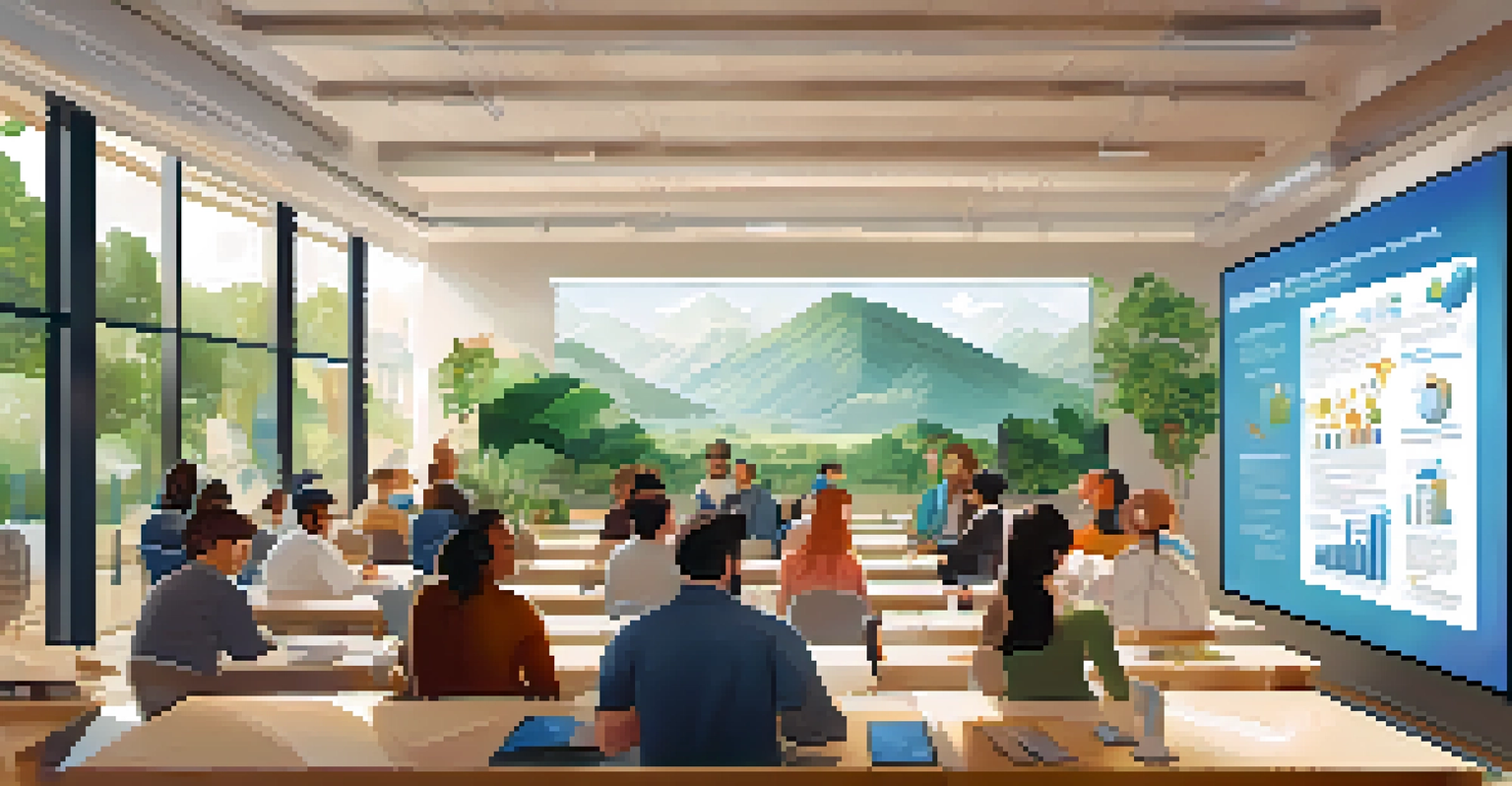 A diverse group of people in an educational workshop discussing NFTs and sustainability with infographics on a screen.