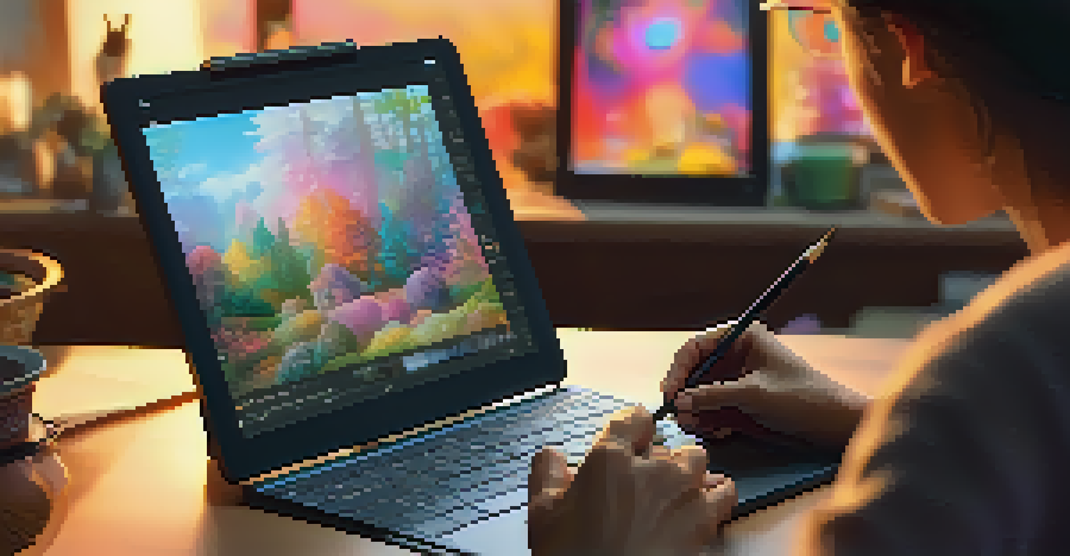 An artist's hand working on a tablet to create an NFT artwork, surrounded by art supplies in a cozy studio.