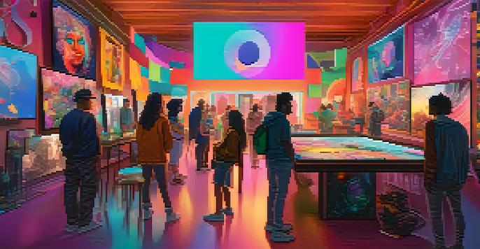 A vibrant digital art scene depicting a diverse NFT community interacting in a virtual space with colorful artworks.