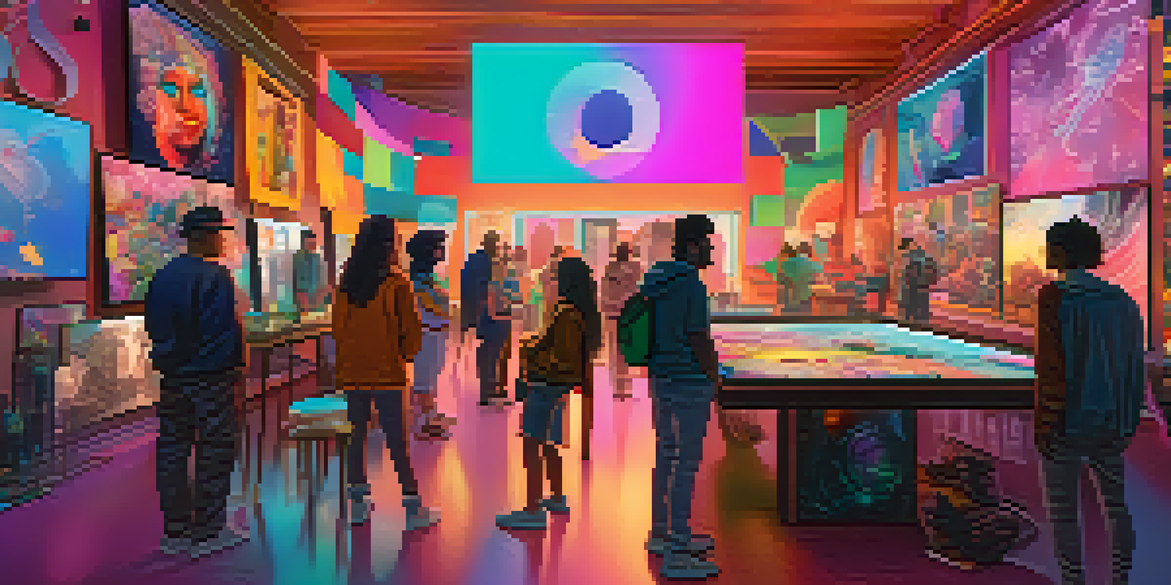A vibrant digital art scene depicting a diverse NFT community interacting in a virtual space with colorful artworks.