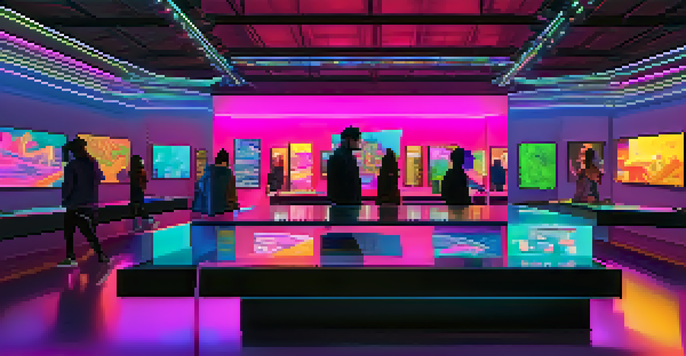 A lively virtual art gallery filled with colorful digital artworks and neon lights, where artists and collectors interact.