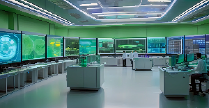 A modern laboratory with scientists working together, studying colorful digital displays of scientific data and NFTs, illuminated by blue and green lights.