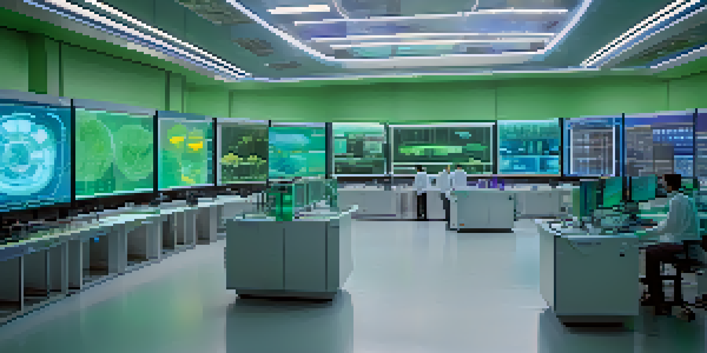 A modern laboratory with scientists working together, studying colorful digital displays of scientific data and NFTs, illuminated by blue and green lights.