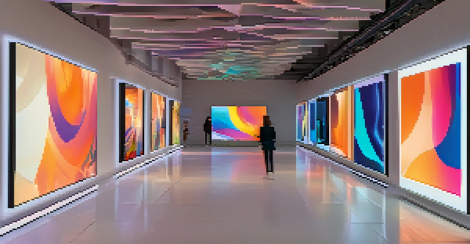 A modern digital art gallery with various NFT artworks displayed on screens, illuminated by soft ambient lighting.
