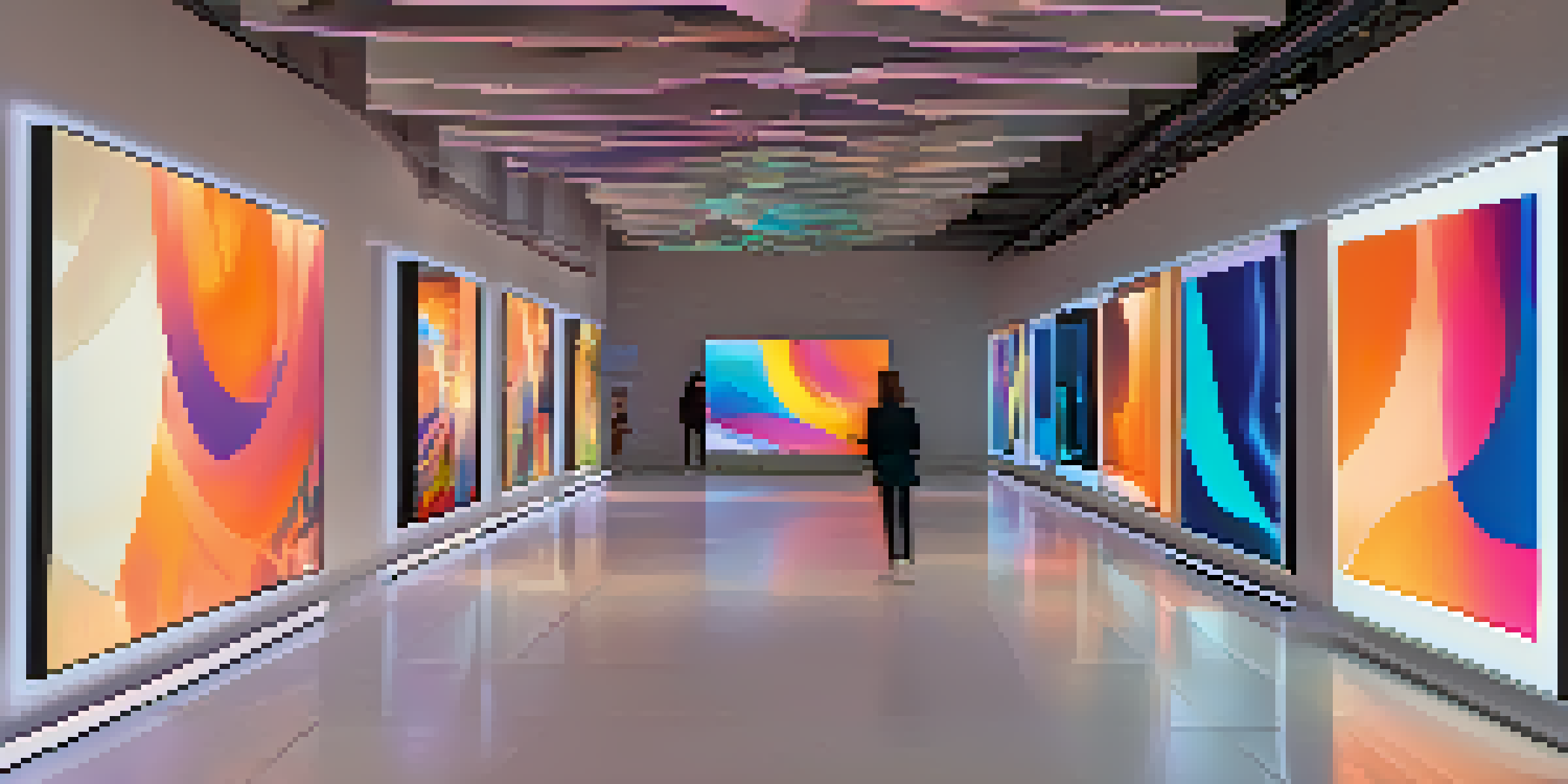 A modern digital art gallery with various NFT artworks displayed on screens, illuminated by soft ambient lighting.